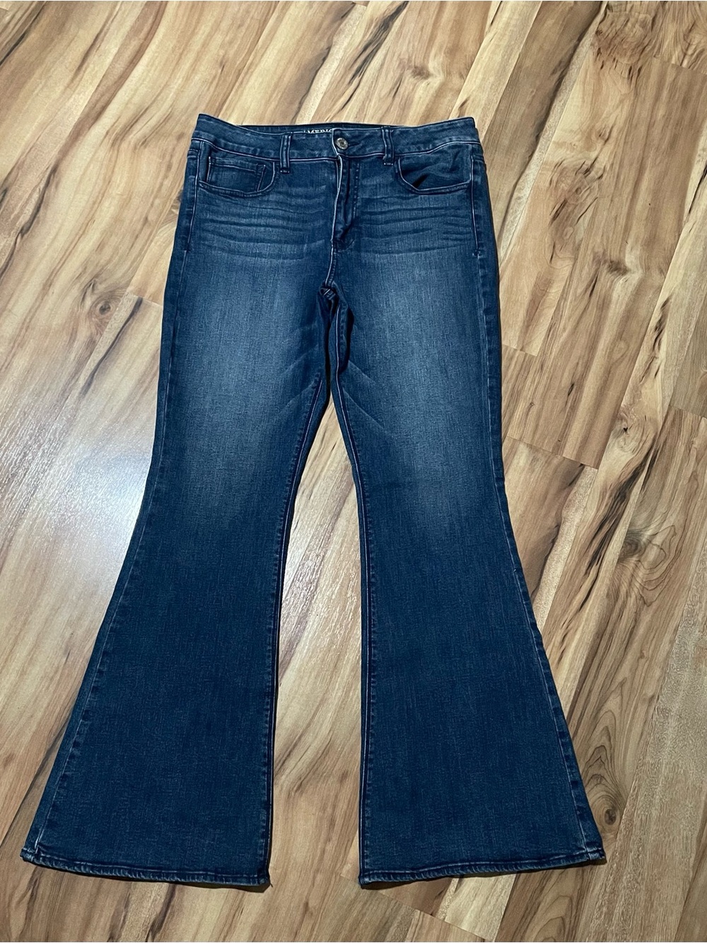 Y2K American Eagle Hi-Rise Artist Super Stretch Flare Jeans Blue Size 14